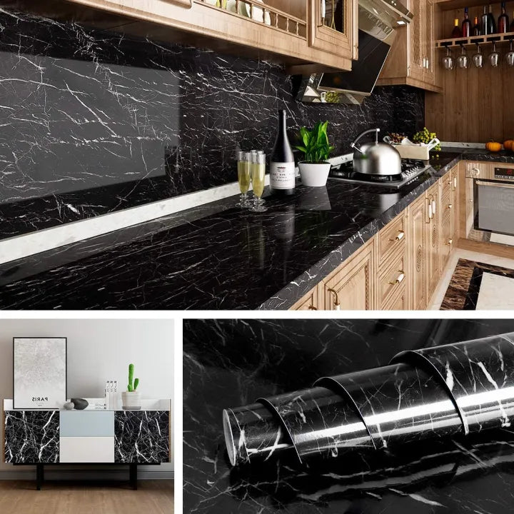60cm × 200cm Self Adhesive Black & White Marble Sheet for Kitchen - Anti Oil and Heat Resistant Wallpaper