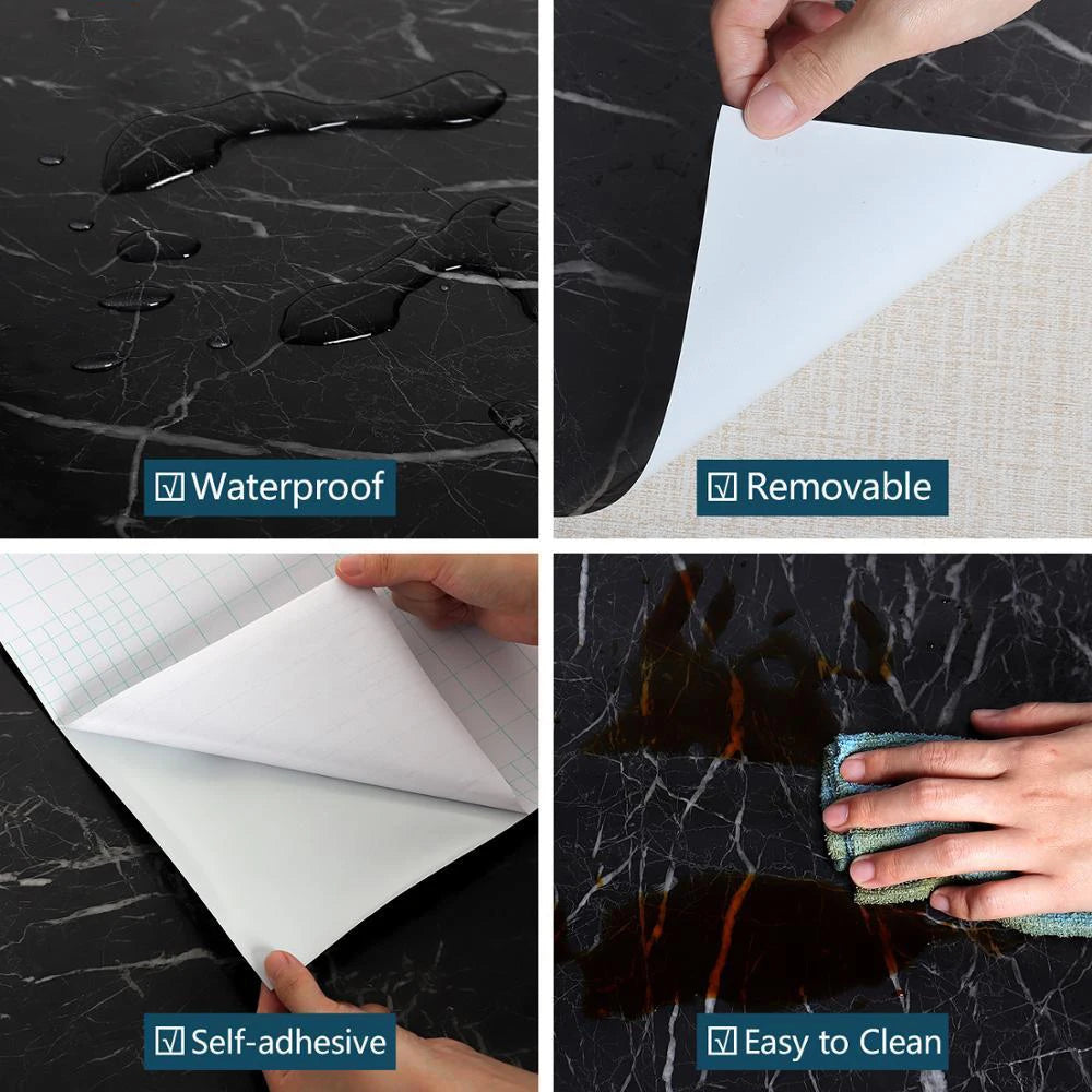 60cm × 200cm Self Adhesive Black & White Marble Sheet for Kitchen - Anti Oil and Heat Resistant Wallpaper