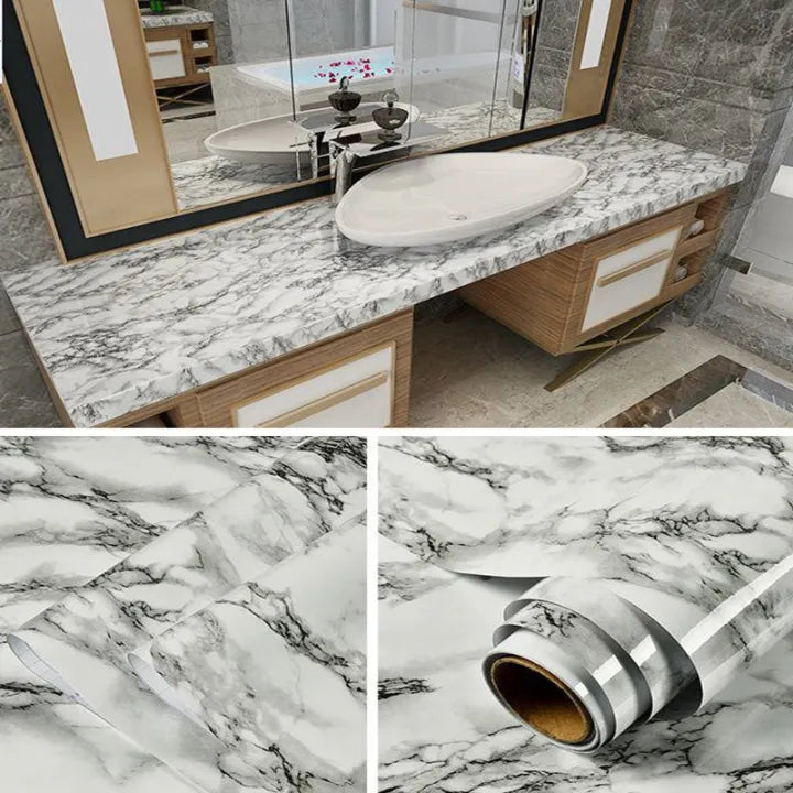 60cm × 200cm Self Adhesive Black & White Marble Sheet for Kitchen - Anti Oil and Heat Resistant Wallpaper