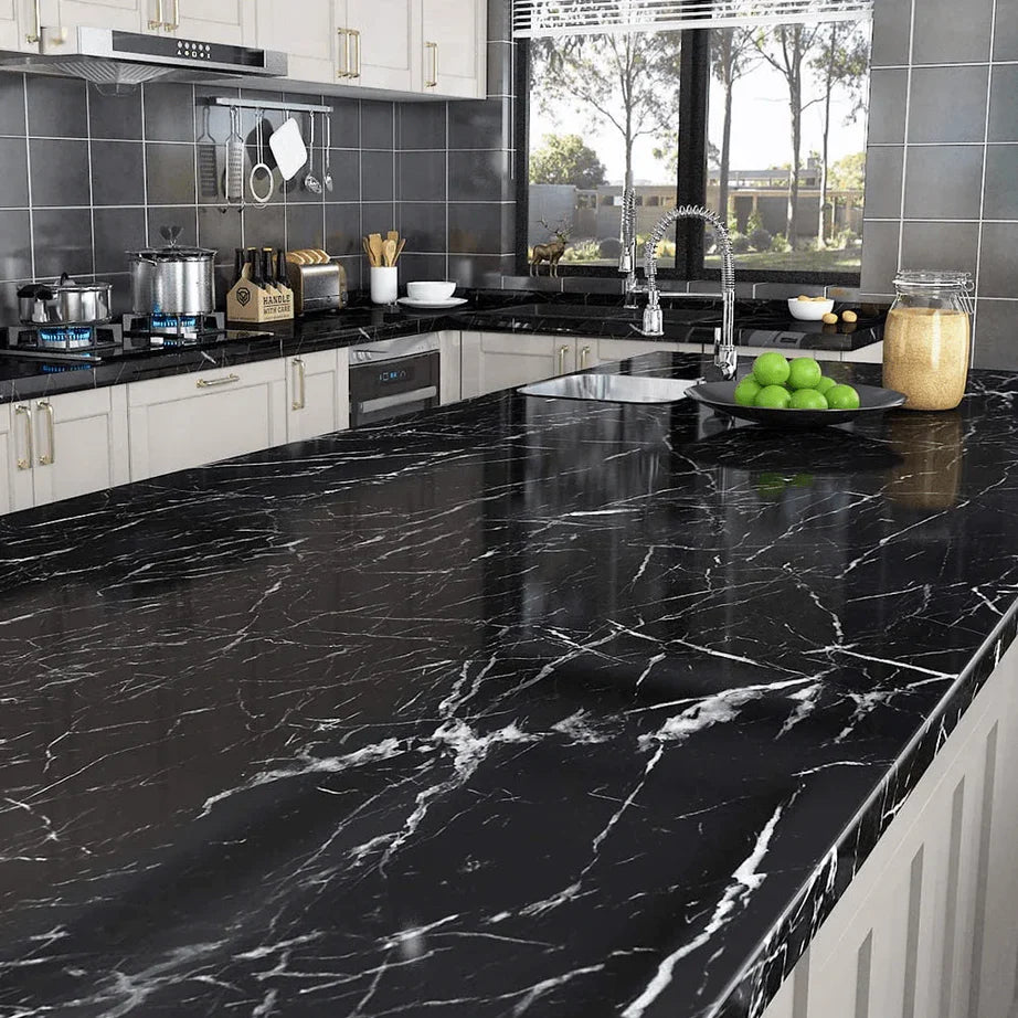 60cm × 200cm Self Adhesive Black & White Marble Sheet for Kitchen - Anti Oil and Heat Resistant Wallpaper